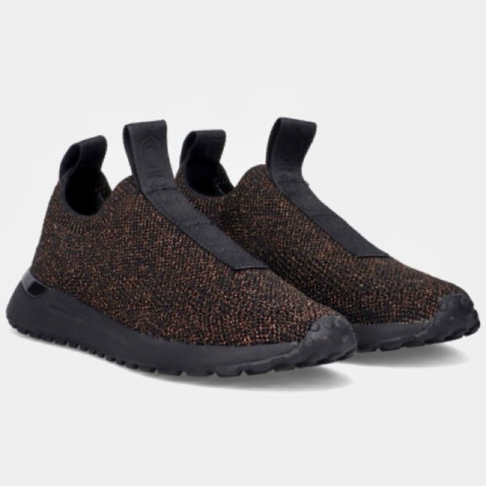MICHAEL KORS Bodie Slip-On in Black and Bronze Metallic Stretch Knit (7.5)